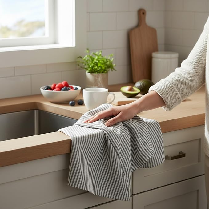 Eight Owls Stonewashed Linen Kitchen Dish Towels - 20 x 27 inch – 100% Pure Linen Tea Towel/Hand Towel - Set of 2 (Gray Stripe)
