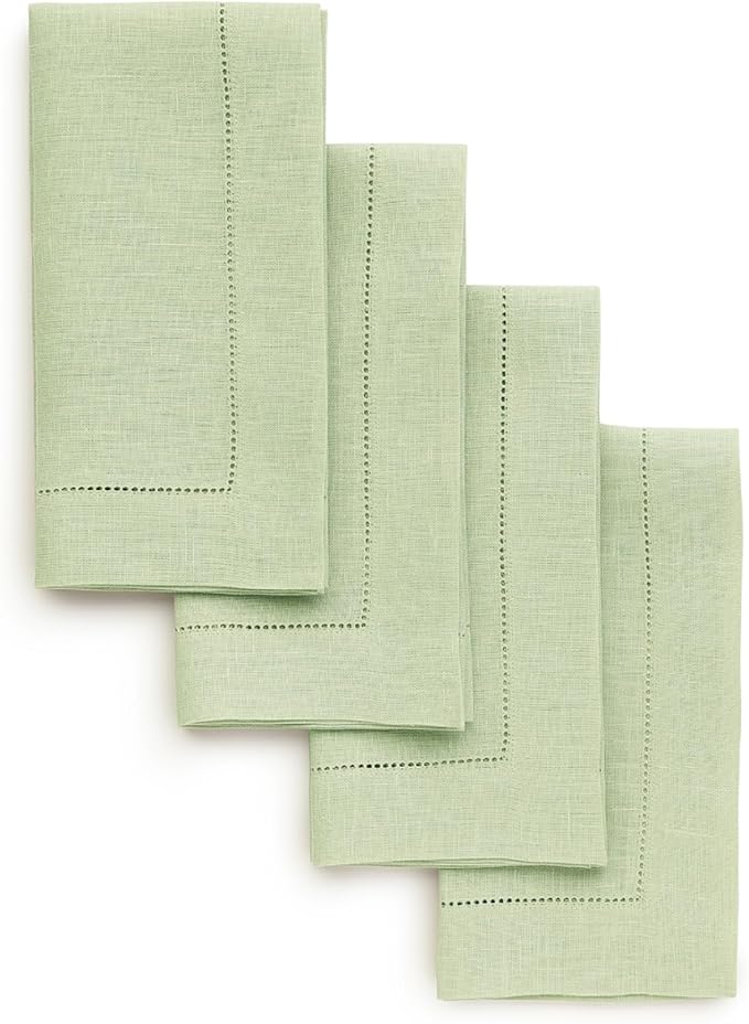 Solino Home Linen Napkins Set of 4 - Classic Hemstitch 100% Pure Linen Sage Green Dinner Napkins Cloth 20 x 20 Inch for Spring, Summer - Handcrafted and Machine Washable