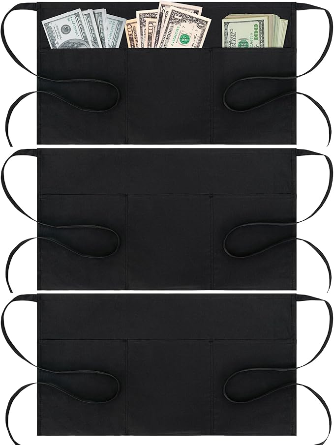 BOHARERS 3 Pack Waitress Aprons with Pockets - Women Men Black Waist Aprons Half Server Apron with Extra Long Straps