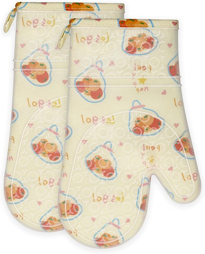 Silicone Oven Mitts Set Heat Resistant 2PCS Kitchen Mittens with Soft Cotton Lining Long Waterproof Non-Slip Oven Gloves for Cooking, BBQ, Baking-Fruit