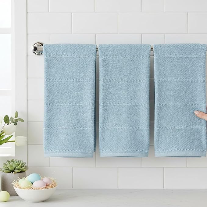 Serafina Home Coastal Sky Light Blue Kitchen Hand Dish Towels: Oversized 28" x 18", 100% Cotton Cloth Soft Cleaning Drying Absorbent Textured Design, Set of 3 Multipurpose for Everyday Use
