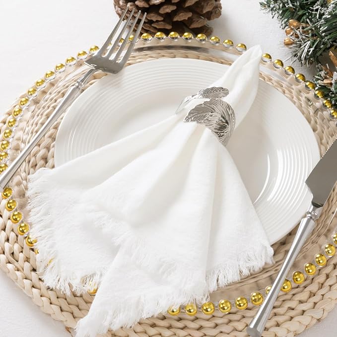 DeZerlor 6 Pack Ivory White Cotton Linen Napkins with Fringe Spring Cloth Napkins Set of 6 Boho Handmade Dinner Napkins Bulk for Wedding Bridal Baby Shower Parties, 17 x 17 Inches
