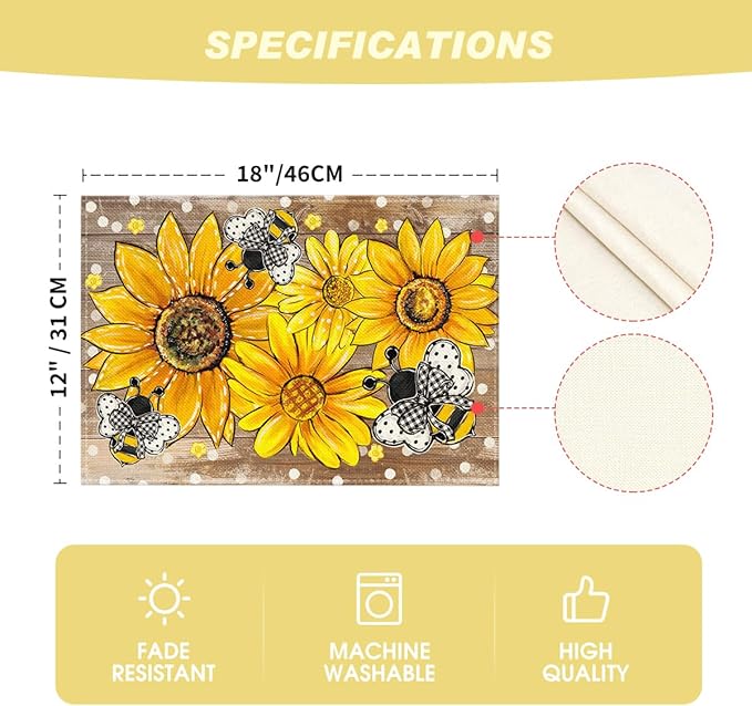 Artoid Mode Wood Sunflower Bee Flower Polka Dot Summer Placemats Set of 4, 12x18 Inch Table Mats for Table Runner Party Kitchen Dining Decoration