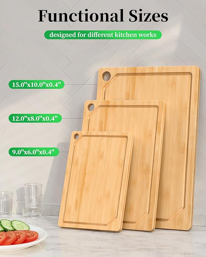Kitchen Cutting Board Set - 3-Piece Wooden Cutting Boards for Kitchen with Juice Groove, Handles, Hang Holes, Stylish Kitchen Essentials for Chpping & Serving, Natural, 0.4"Th - (L+M+S)