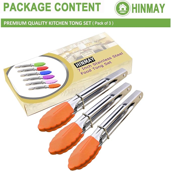 HINMAY Appetizer Tongs 7-Inch Silicone Tipped Kitchen Tongs, Set of 3 (Orange)