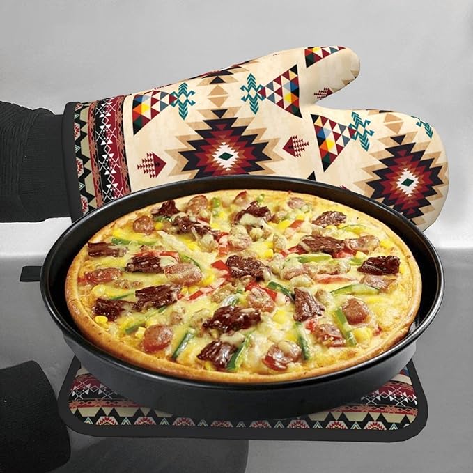 Southwestern Aztec Oven Mitts and Pot Holders Set of 3, Heat Resistant Non-Slip Navajo Pattern Oven Gloves with Hot Pad, Native American Boho Kitchen Decor Gloves for Chef Cooking Baking Grilling BBQ