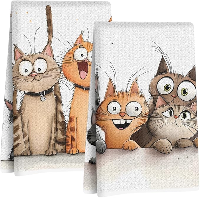 2 Pcs Cute Cat Kitchen Towels, Cats Soft Absorbent Hand Tea Towel, Microfiber Dish Cloths for Drying Dishes, Waffle Dish Towels for Kitchen Bathroom Decor, Cat Lover Gifts for Women