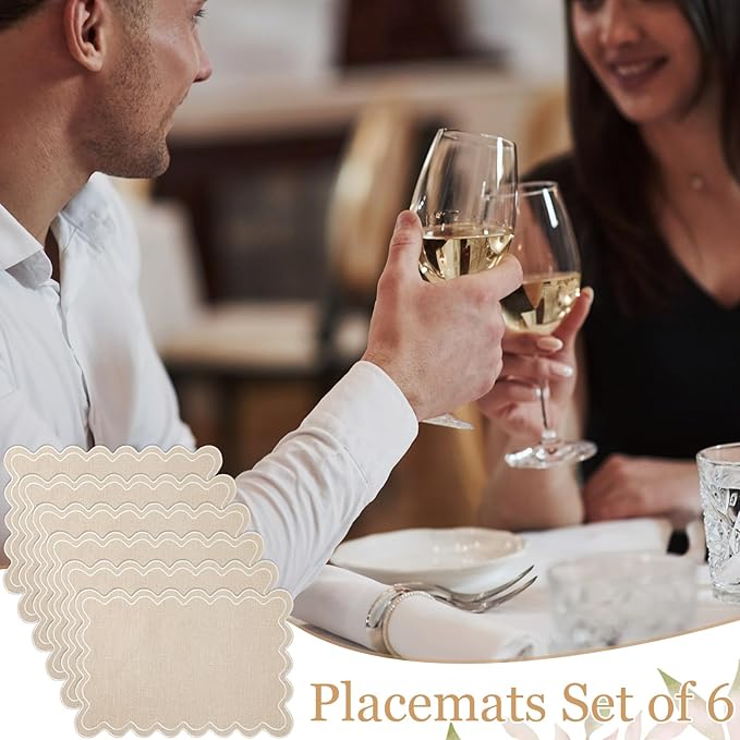 HunnmingRe Set of 6 Cotton Linen Placemats, 13x19 Inch Scalloped Wavy Embroidery Placemat Double Layered Washable Rustic Rectangle Dinner Table Mats for Wedding Home Decor(Beige with Creamy White)
