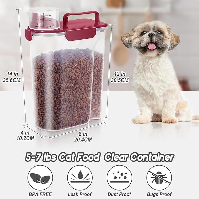 LEAWALK 5-7Lbs Dog Cat Food Storage Container with Upgraded Large Nozzle BPA-free, 4 Snap Seals Plastic Pet Food Storage Containers with Handles (Gray Blue + Red, 5L-2pack)