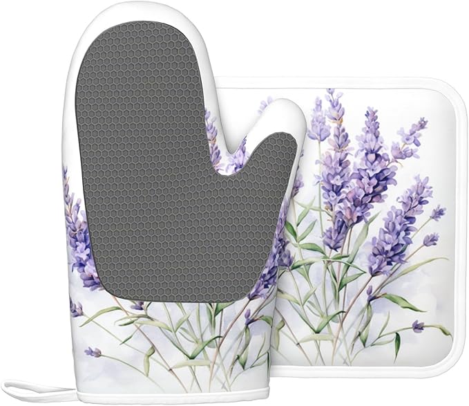 Oven Mitts and Pot Holders Lavender Watercolor Flower Floral Silicone Kitchen Accessories Set of 2 Heat Resistant Long Gloves Potholder Non-Slip Grip for Chef Cooking,Baking,Grilling,BBQ
