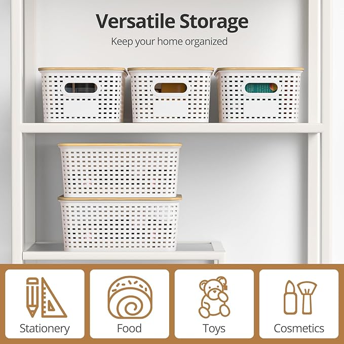 Plastic Storage Baskets with Bamboo Lids, Stackable Small Box Bins for Organizing and Containers for Shelves Drawers Desktop Closet Pantry Classroom Office Home, 6 Pack 10.2x7.2x4.1 Inch, White