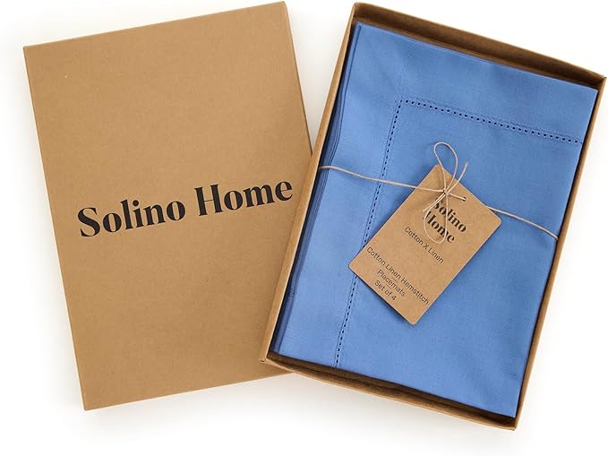 Solino Home Dusty Blue Placemats Set of 4 - Cotton Linen Hemstitch Placemats 14 x 19 Inch - Machine Washable Table Mats for Spring, Summer, Mothers Day
