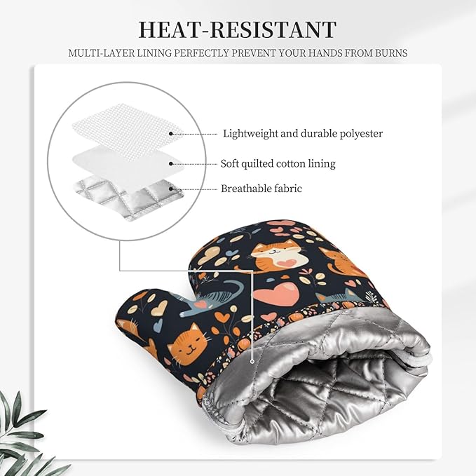 Cat Heart Silicone Oven Mitts Set of 2, Heat Resistant up to 500°F, Kitchen Oven Gloves with Non-Slip Grip and Soft Cotton Lining for Baking, Cooking and BBQ