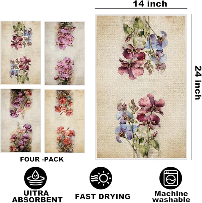 Jztco 4 Pcs Vintage Flower Kitchen Towels, Artistic Decorative Absorbent Microfiber Dish Cloth Tea Towel, Durable Waffle Hand Towels for Farmhouse Home Bathroom, Housewarming Gifts for Women