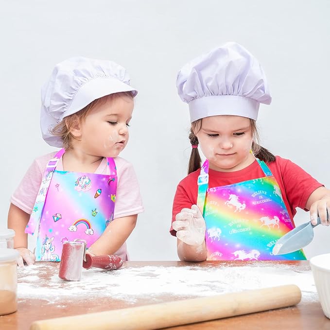 PASHOP 2 Pack Kids Apron Rainbow Unicorn Toddler Apron With Pockets for Kids Girls Boys Cooking Baking Painting