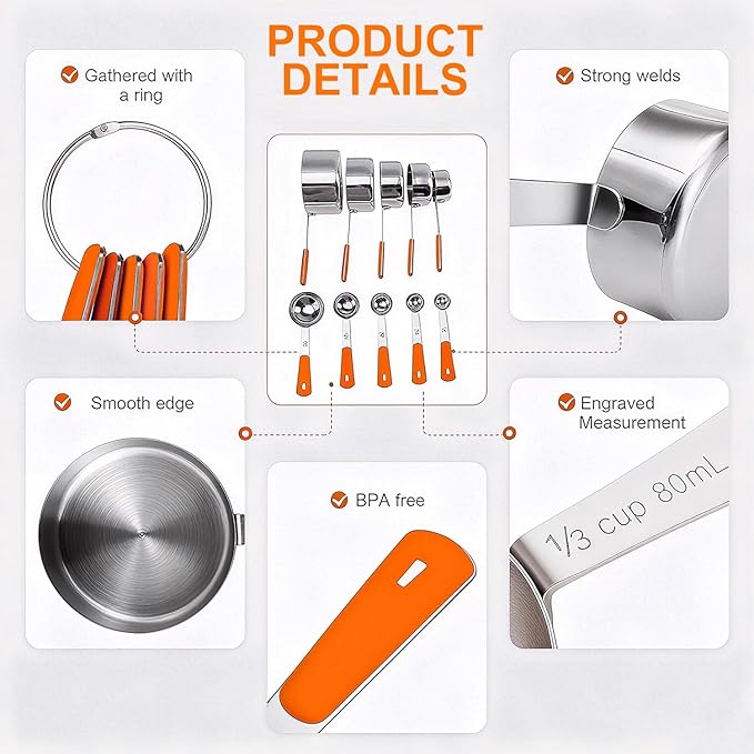 Bopei Measuring Cups and Spoons Set Stainless Steel 10 Piece for Cooking and Baking (5 Cups + 5 Spoons, Orange Handle)