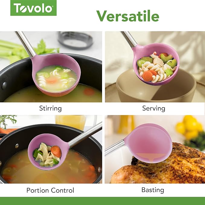 Tovolo Silicone Ladle with Stainless Steel Handle Pink Sorbet Soup Ladle Large, Dishwasher Safe Heat Resistant BPA Silicone Ladle Deep Spoon with Reinforced Nylon Core for Soup, Stew, Sauce & Punch