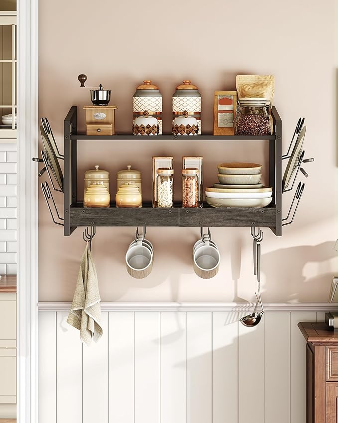 CHOEZON Hanging Pot Rack, Pot Rack Wall Mounted, 2-Tier Kitchen Pot and Lid Organizer, Wall-Mounted Cookware Holder with 12 Hooks, for Kitchen Storage of Pots, Pans, Utensils, Charcoal Black TPR02BC