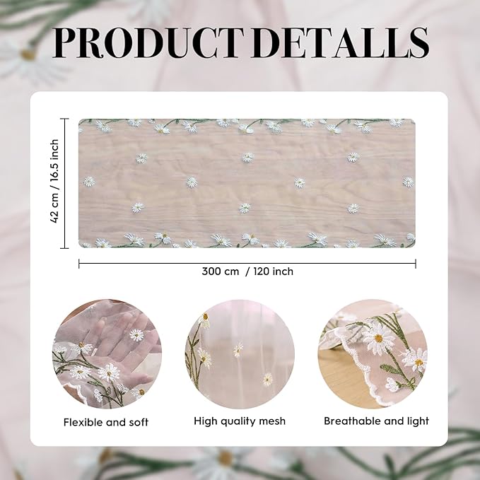 Artoid Mode Daisy Floral Light Pink Shaped Gauze Embroidery Table Runner 120 Inch 10FT, Tulle Spring Summer Kitchen Dining Table Decor for Home Party