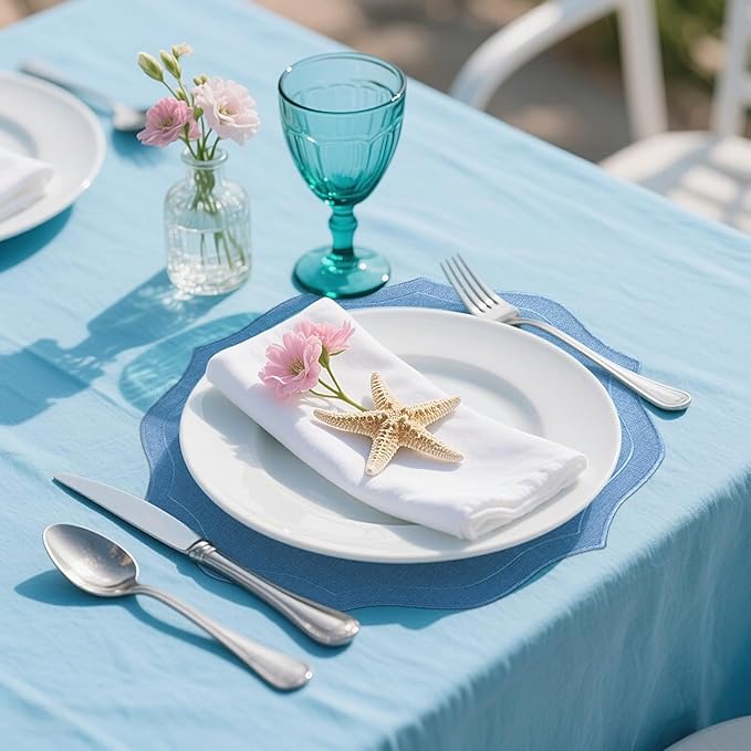Set of 8 Cotton Linen Placemats, 15x15 Round Scalloped Cloth Table Mats, Embroidery Machine Washable, Wrinkle Resistance Fabric Place Mats for Wedding Summer Baby Shower Party Table Decor-Blue