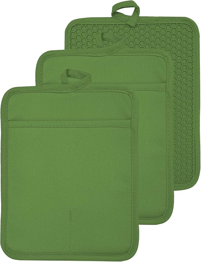 Oven Pot Holder with Pocket Cotton Heat Resistant Coaster Potholder Kitchen Hot Pad Oven Mitts for Cooking and Baking Square 7"x9" (Green, Silicone)