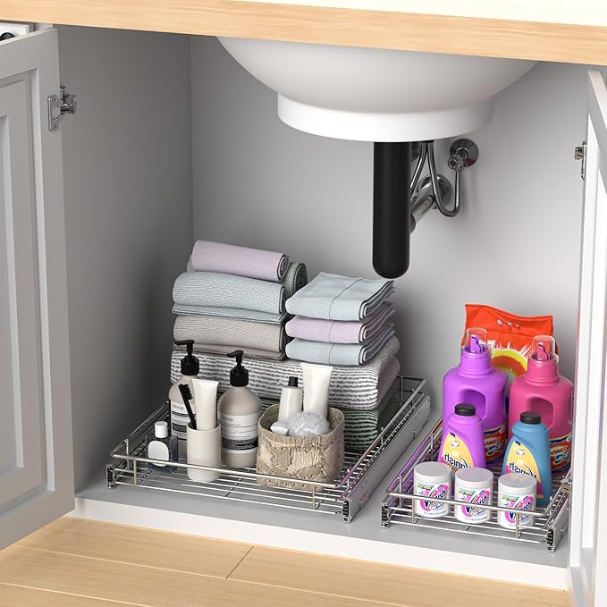 ZOINLIY Pull Out Cabinet Organizer, Versatile Slide Out Kitchen Organizers and Storage,Heavy Duty Drawer Cupboard Storage Basket, Smooth Sliding, Chrome Finish,20.8" W x 21" D