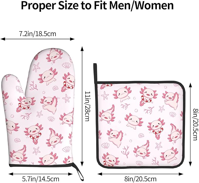 Cute Cartoon Axolotl Oven Mitts and Pot Holders Heat Resistant Oven Mitts Safe for Baking Cooking BBQ