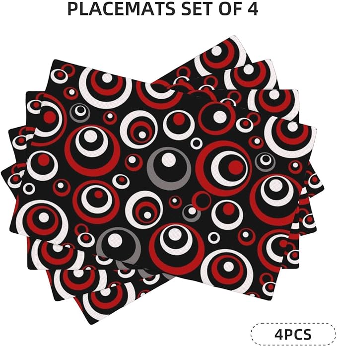 Set of 4 Modern Geometric Black Red and White Circles Patterned Linen Placemats, 12 x 18 Inch Non-Slip Heat Resistant Abstract Art Red Black Table Mats for Kitchen Home Party Dining Table, Home Decor