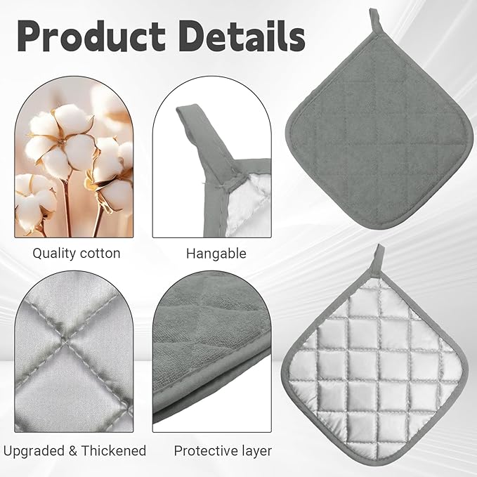 4 Pcs Quilted Pot Holder, Cotton Heat Resistant Hot Pads for Kitchen, Countertops, Oven Pot Holders (Grey)