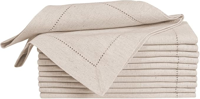 Bedding Craft Linen Flax Cotton Cloth Dinner Napkins Set of 12 – 18x18 Natural Fabric with Hemstitched Mitered Corners – Machine Washable Wedding, Cocktail & Party Table Napkins