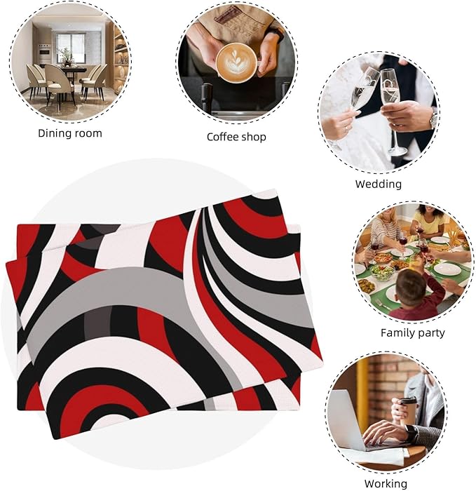 Black Red Retro Modern Swirl Linen Placemats Set of 4, Washable Heat Resistant Table Mats for Dining Table Kitchen Party Holiday Outdoor Farmhouse Gardening, Kitchen Home Decor, Black Red White Grey