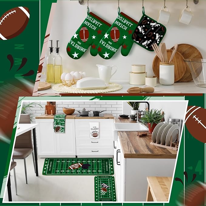 Fourluoo 10 Pcs Football Kitchen Decor Oven Mitts and Pot Holders Sets Football Dish Towels Pot Holders Sports Kitchen Rugs and Mats for Women Reusable Cooking Grilling Accessories Mom Gift