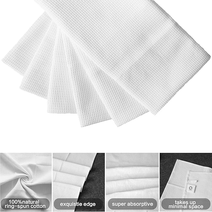 QUILTINA Dish Towels Set - 6 Pack White 17 x 25 Inches 100% Cotton Waffle Weave Kitchen Towels, Ultra Soft Absorbent Quick Dish Towels for Kitchen Cleaning and Drying