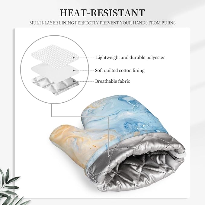 Oven Mitts and Pot Holders Blue Marble Pastel Silicone Kitchen Accessories Set of 2 Heat Resistant Long Gloves Potholder Non-Slip Grip for Chef Cooking Baking Grilling BBQ