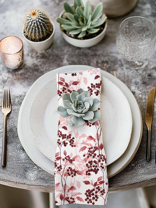 Red Herb Cloth Napkins Set of 6 - Washable Dinner Napkins Reusable Table Napkins for Home Party Weeding Dining Table Setting Decoration,Oversized Floral Watercolor Spring Summer Wild Flower Plant