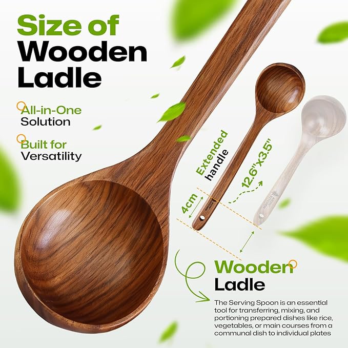 AIUHI 12.6″ Larger Wooden Ladle for Cooking, Long Handle Soup Spoon, Durable & Non-stick Teak Wood Ladle Spoon
