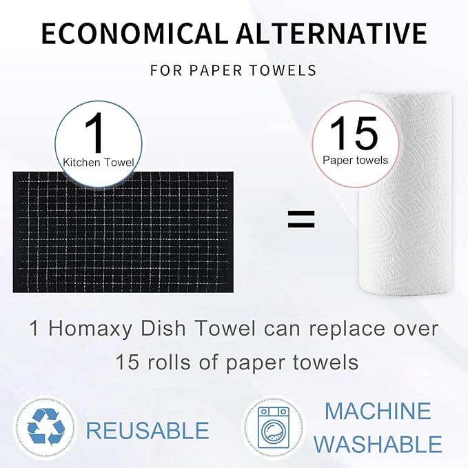 Homaxy 100% Cotton Terry Kitchen Towels(Black, 20 x 28 inches), Checkered Designed, Soft and Super Absorbent Dish Towels, Large 8 Pack
