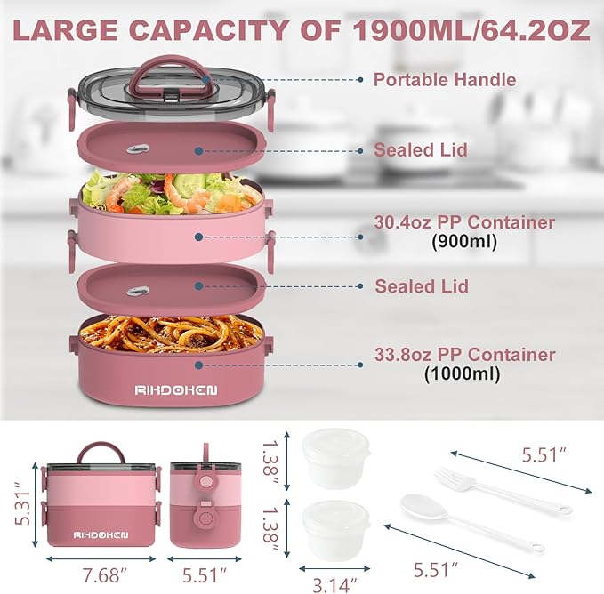 RIKDOKEN Lunch Box, Stackable 2 Layers Containers, Portable 64OZ Large Capacity Leakproof Bento Box with Spoon & Fork & Sauce Boxes, Microwave Safe Lunch Box for Kids and Adults