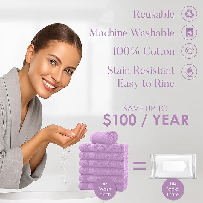 DAN RIVER 12-Pack Premium 100% Cotton Lavendar Face Towels for Bathroom - Reusable Face Wash Cloths for Showering 12x12 Inches - 550 GSM Super Soft & Absorbent Luxury WashCloths for Body, Spa & Gym