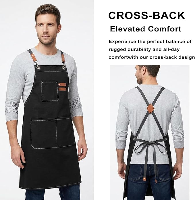 ZOMAO Chef Apron for Women Men with Large Pockets, Cotton Canvas Cross Back Waterproof Work Aprons for Kitchen Cooking Bib