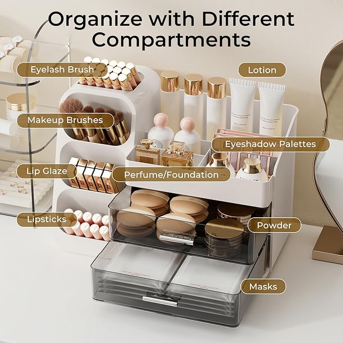 Makeup Organizer for Vanity with Brush Holder, Large Plastic Bathroom Countertop Skincare Organizer with 2 Drawers, Spacious Cosmetic Display Case for Perfumes, Eyeshadow Palettes, Nail Polishes