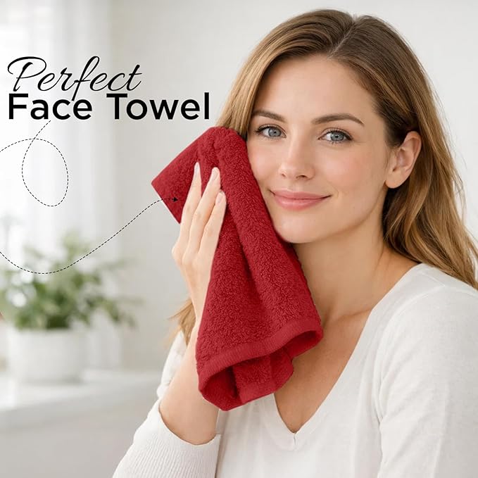 DAN RIVER 12-Pack Premium 100% Cotton Red Face Towels for Bathroom - Reusable Face Wash Cloths for Showering 12x12 Inches - 550 GSM Super Soft & Absorbent Luxury WashCloths for Body, Spa & Gym