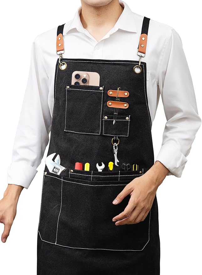 KITCHIEF Woodwork Aprons for Men,Tool Apron with loop and Pockets,Cross Back Heavy Duty Workshop Apron for Carpenter,Garden
