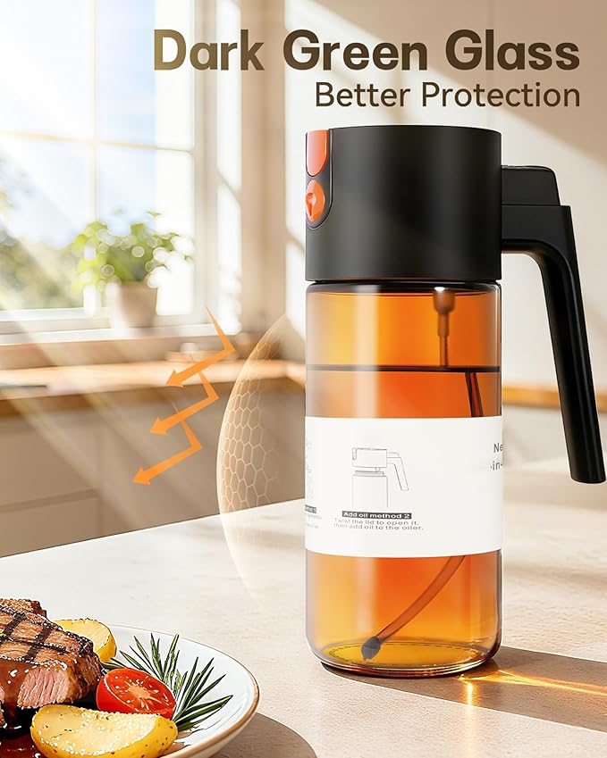 OURCABECUE Upgrade 2 in 1 Oil Sprayer for Cooking, 17oz Light-Blocking Glass Olive Oil Dispenser Bottle for Kitchen (Green+Brown Bottle-Black 2PACK)