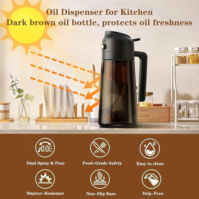 LAKUMIQI 2 in 1 Oil Sprayer for Cooking, 16oz Olive Oil Dispenser Bottle for Kitchen, Food Grade Light-Blocking Leak Proof Glass Spray Bottle for Salad, Air Fryer, BBQ