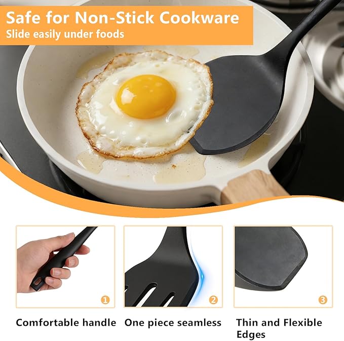 Silicone Spatula Turner Set, 600°F High Heat Resistant Spatulas for Cooking, BPA Free, Large Flexible Kitchen Utensils Flipping Eggs, Pancakes, Fish, Burgers, Dishwasher Safe (4 Pack, Black)
