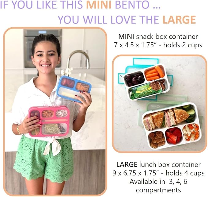 Small Snack Containers for Kids Toddlers - 3 Compartments (Set of 3) - Leak-Proof Reusable Boxes with Lids -BPA-Free Plastic Mini Bento Lunch Box - Ideal for School, Holds 2 Cups (Pink+ Purple+ Coral)