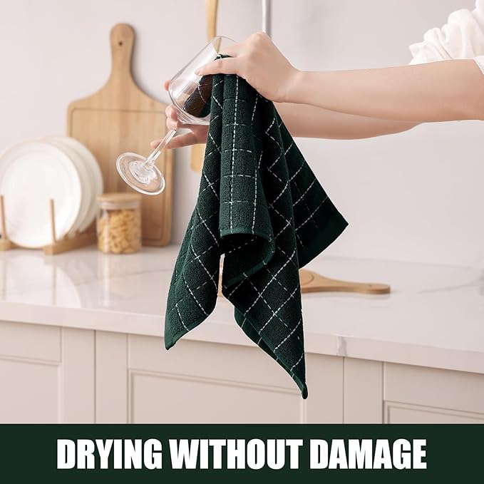 Homaxy 100% Cotton Terry Kitchen Towels(Blackish Green, 13 x 28 inches), Checkered Designed, Soft and Super Absorbent Dish Towels, 12 Pack