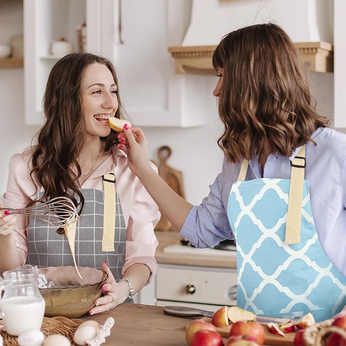 2 Pieces Aprons for Women with Pockets, Cotton Linen Waterproof Kitchen Cooking Aprons, Chef Apronfor Men Women with Adjustable Neck Strap and Long Ties(Grey/Blue)