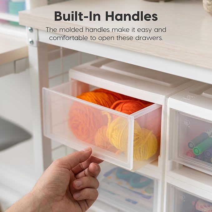 IRIS USA 6 Qt. Small Plastic Stacking Drawer, Stackable Storage Organizer Unit with Sliding Drawer for Bedroom Kitchen Under Sink Pantry Craft Room Dorm Office, White, 4-Pack